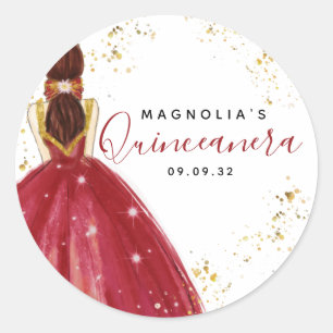 Sticker Rond Quinceanera Robe Rouge Parties scintillant or