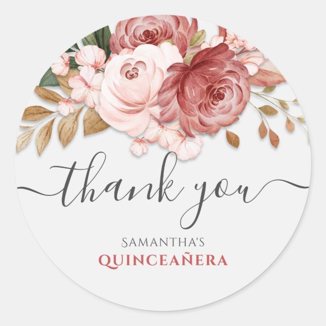 Sticker Rond Quinceanera Roses Roses Florales 15e Anniversaire (Devant)