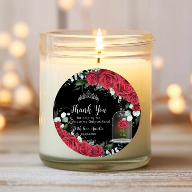 Sticker Rond Quinceañera Rouge Floral Rose enchanté noir (Créateur téléchargé)