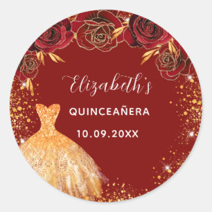 Sticker Rond Quinceanera rouge or robe nom glam