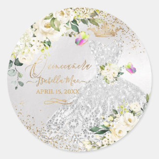 Sticker Rond Quinceanera Silver Gown Gold Parties scintillant C