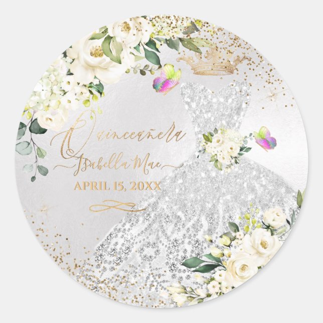 Sticker Rond Quinceanera Silver Gown Gold Parties scintillant C (Devant)