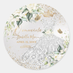 Sticker Rond Quinceanera Silver Gown Gold Parties scintillant C