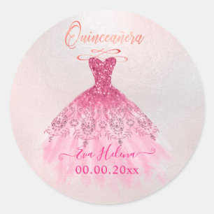 Sticker Rond Quinceañera, Sparkle Gown, Ombre cerise rose