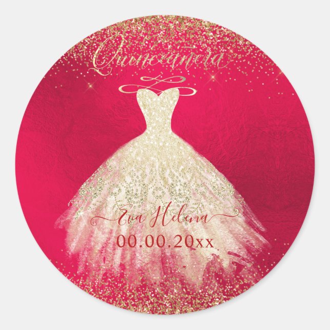 Sticker Rond Quinceañera, Sparkle+Shimmering Gown, Faux Gold (Devant)