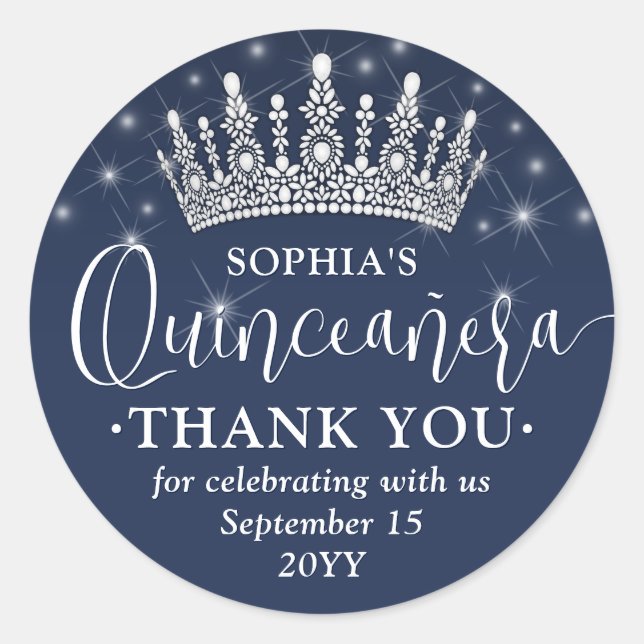 Sticker Rond Quinceañera Thank You Elegant Crown Navy Blue (Devant)