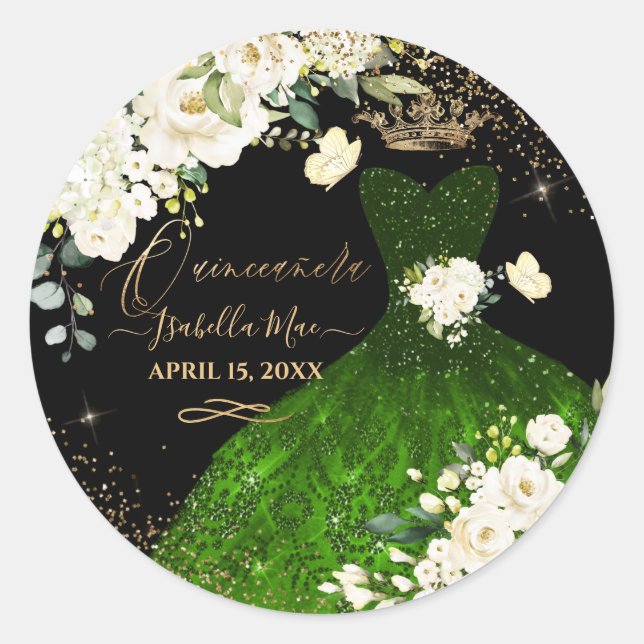 Sticker Rond Quinceanera Vert foncé Parties scintillant Gown Ro (Devant)