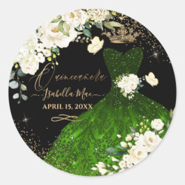 Sticker Rond Quinceanera Vert foncé Parties scintillant Gown Ro
