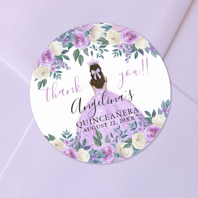 Sticker Rond Quinceanera violet de Merci floral (Floral Thank You Purple Quinceanera Classic Round Sticker)
