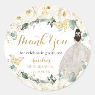 Sticker Rond Quinceañera White Gold Floral Princess Papillons