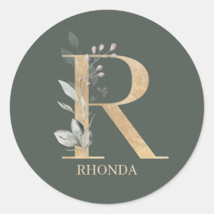 Sticker Rond R monogramme floral personnalisé