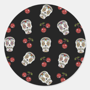 Sticker Rond RAB Rockabilly Sugar Skulls Cerises Sur Fond Noir