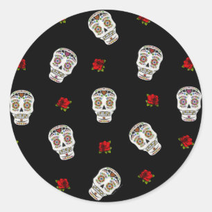 Sticker Rond RAB Rockabilly Sugar Skulls Roses sur fond noir