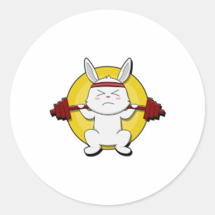 Sticker Rond Rabbit à Bodybuilding avec Barbell