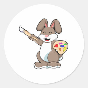 Sticker Rond Rabbit comme peintre avec pinceau et peinture