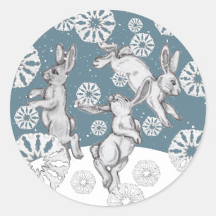 Sticker Rond Rabbit & Snowflakes Fun Blue Winter Christmas Art