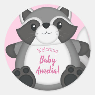 Sticker Rond Raccoon Baby shower rose