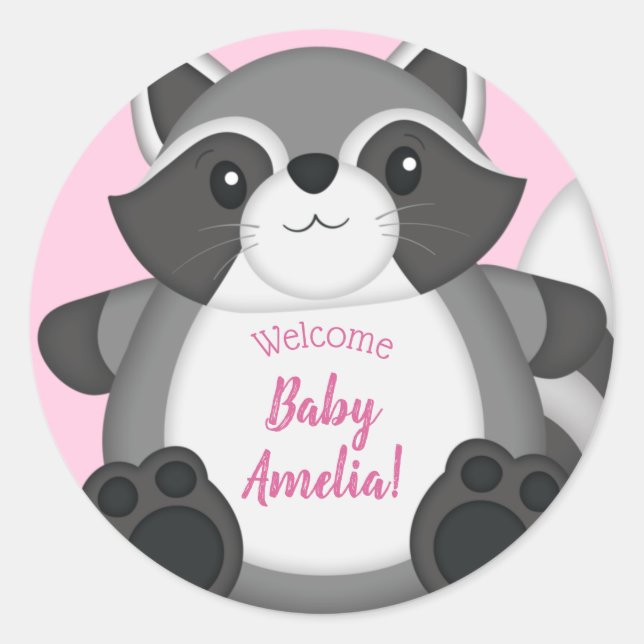 Sticker Rond Raccoon Baby shower rose (Devant)