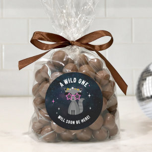 Sticker Rond Raccoon Cosmic Wild One Rose Girl Baby shower
