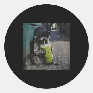 Sticker Rond Raccoon drinking matcha latte funny animal meme me