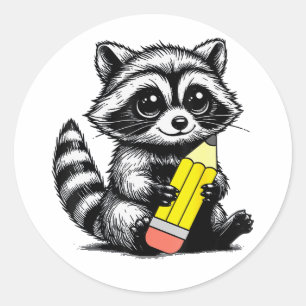 Sticker Rond Raccoon et crayon Cute Raccoon Enseignant