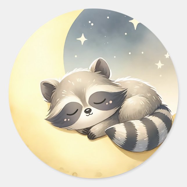 Sticker Rond Raccoon sur la lune mignonne Bois Animaux Enfants (Devant)