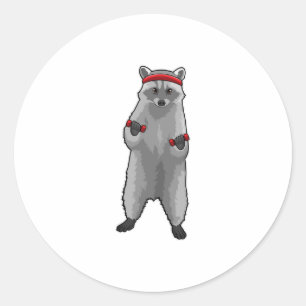 Sticker Rond Racoon at Fitness with Dumbbells