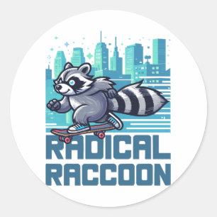 Sticker Rond Radical Raccoon Urban Skateboarder