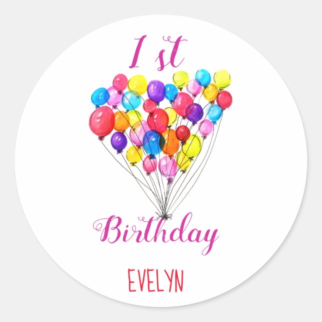 Sticker Rond Rainbow BALLOON Girl 1er anniversaire Aquarelle ro (Devant)