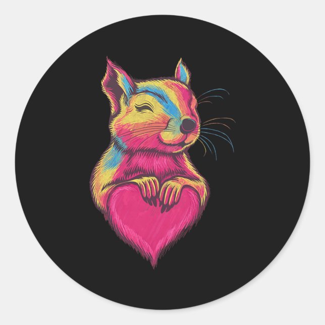 Sticker Rond Rainbow Cute Squirrel Hugging Valentine Heart Love (Devant)