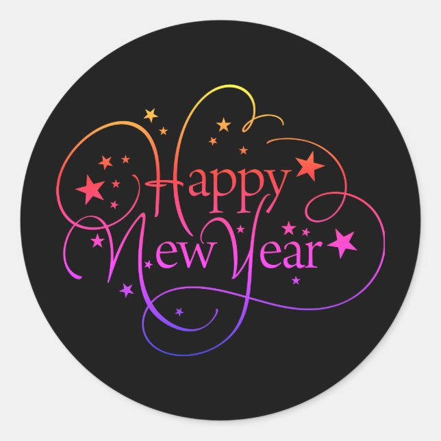Sticker Rond Rainbow Elegant Joyeux Script de Nouvel An (Devant)