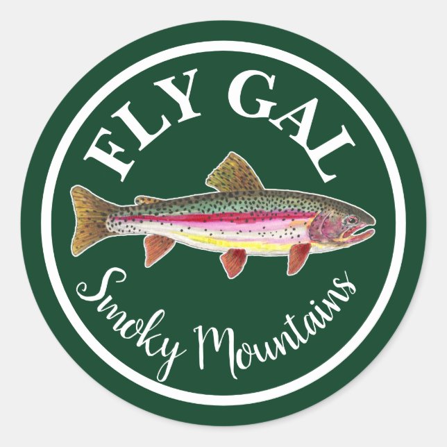 Sticker Rond Rainbow Trout Fly Fishing FLY GAL Personnaliser (Devant)