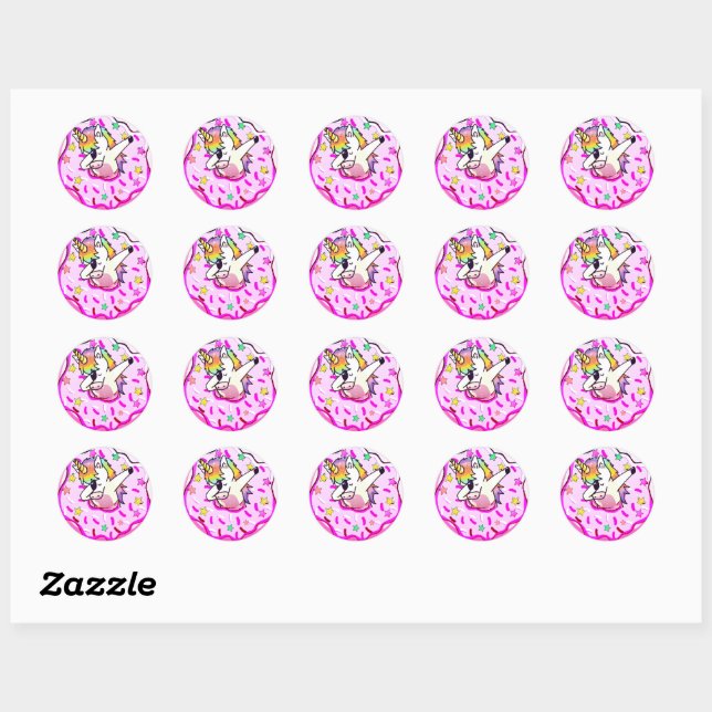 Sticker Rond Rainbow Unicorn Dab Dance Pose Rose Iced Donut (Feuille)