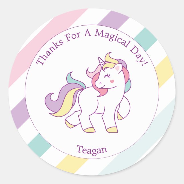 Sticker Rond Rainbow Unicorn Girls Birthday Party (Devant)
