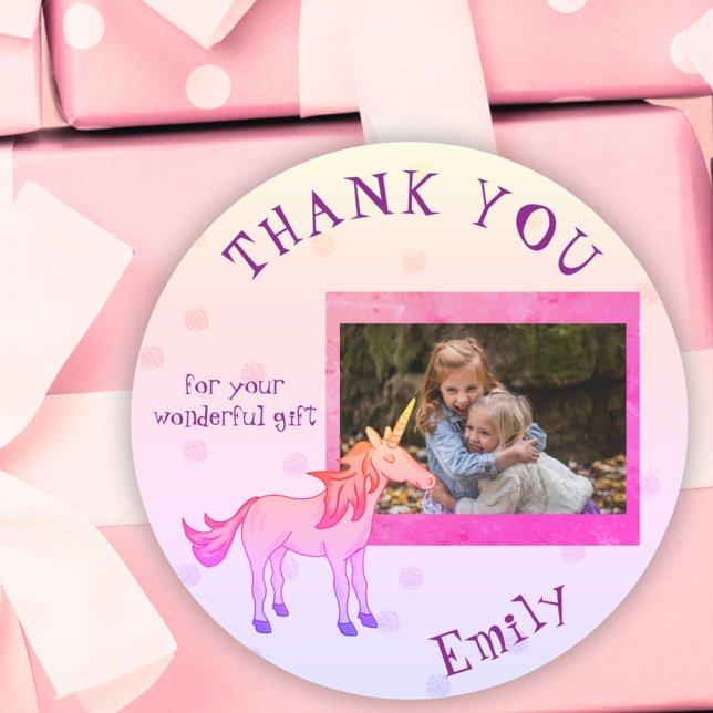 Sticker Rond Rainbow Unicorn Merci photo personnalisable (Créateur téléchargé)