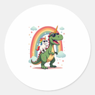 Sticker Rond Rainbow Unicorn Riding T rex - Dinosaur Boys Girls