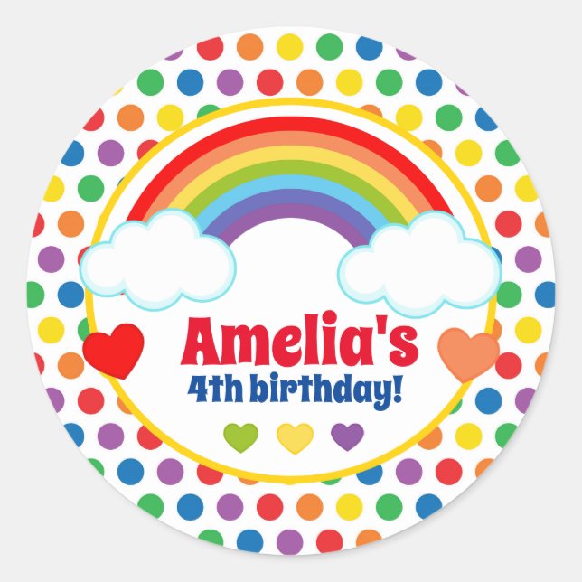 Sticker Rond Rainbows Coeurs et Dots Filles Anniversaire (Devant)