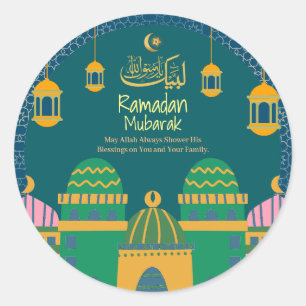 Sticker Rond Ramadan  Aïd Moubarak Golden Calligraphy Greenblu