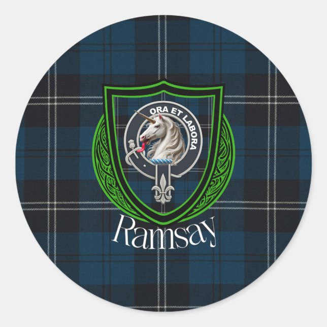 Sticker Rond Ramsay Scottish Clan Tartan & Crest (Devant)