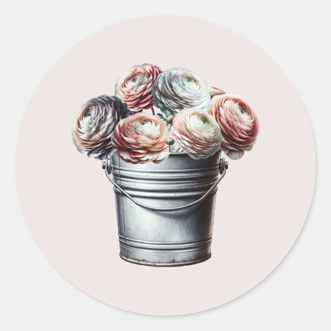 Sticker Rond Ranunculus dans un seau en étain Glam Rustique Ros (Devant)