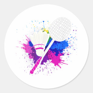 Sticker Rond Raquette de navette colorée _ Joueur Badminton