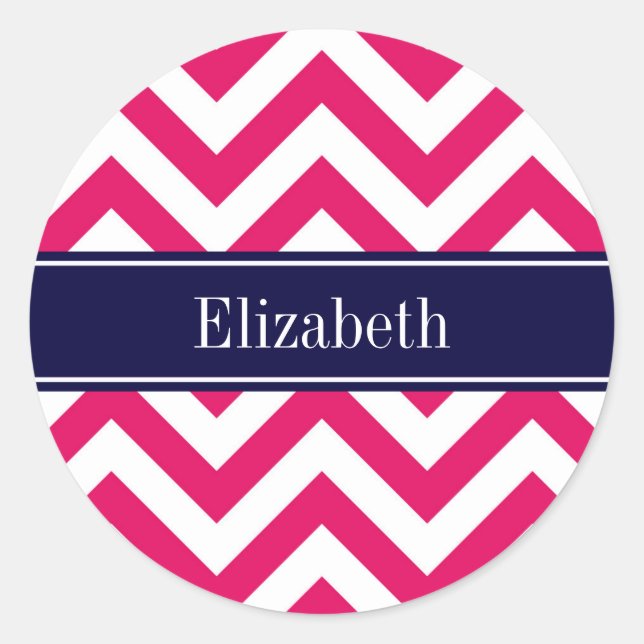 Sticker Rond Raspberry Lg Chevron Marine Nom bleu Monogramme (Devant)