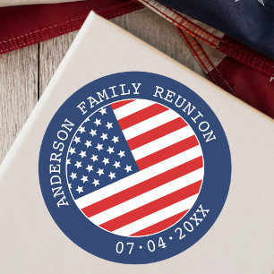 Sticker Rond Rassemblement de famille autour du drapeau américa