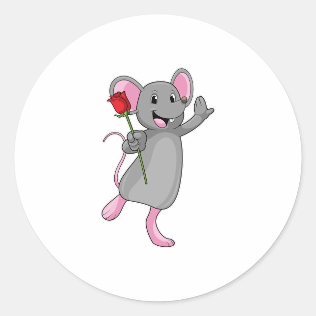 Sticker Rond Rat avec fleur Rose (Devant)