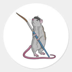 Sticker Rond Rat comme Peintre avec pinceau