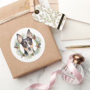 Sticker Rond Rat Terrier Fête de Noël Wreath Pup