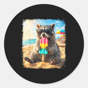 Sticker Rond Raton laveur drôle mangeant une glace d'été animal