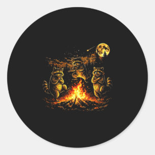 Sticker Rond ratons laveurs dansants feu de camp forêt lune drô