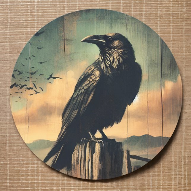 Sticker Rond Raven Rustique Ghost Town Desert Sunset Western Bi (Rustic Raven Sticker Ghost Town Desert Sunset Faded Western Landscape Symbolic  of Death, Resilience)