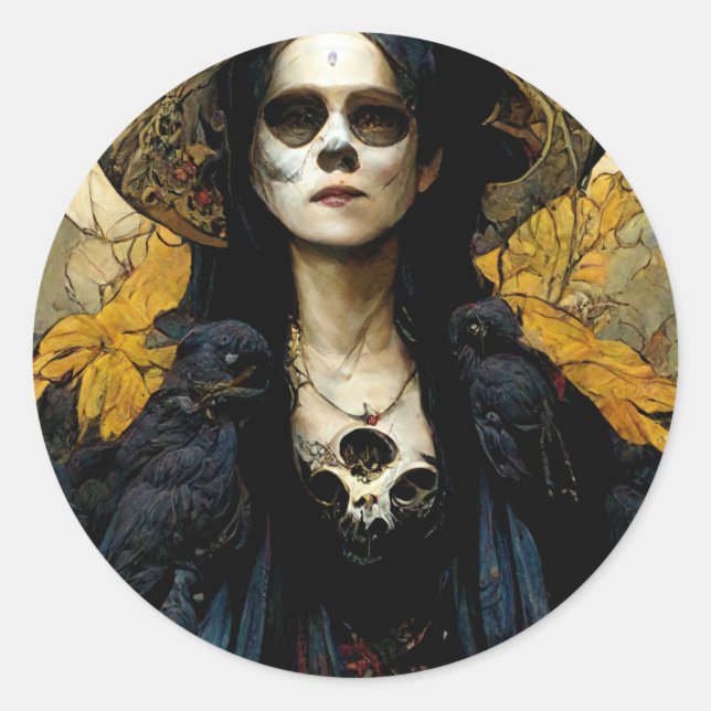 Sticker Rond Raven Witch 3 Imaginaire Horreur Goth Gothique (Devant)